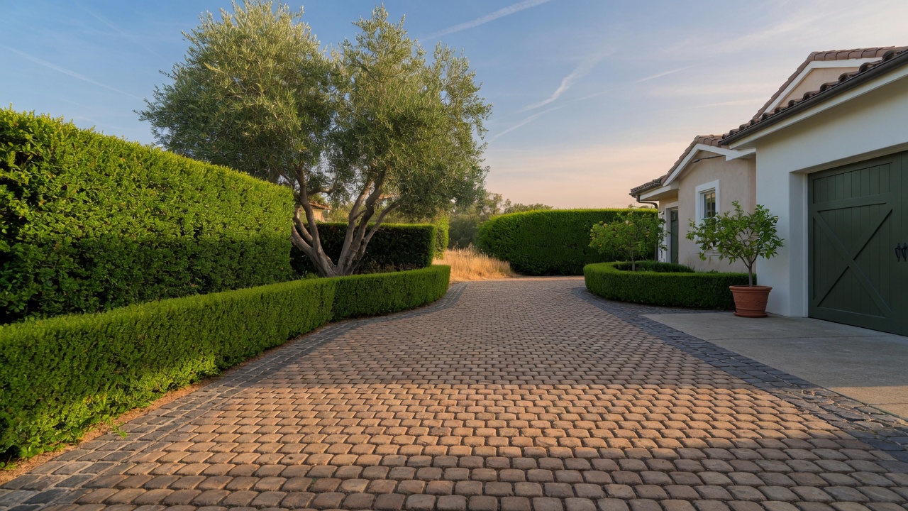 Cobblestone driveway with clipped hedges