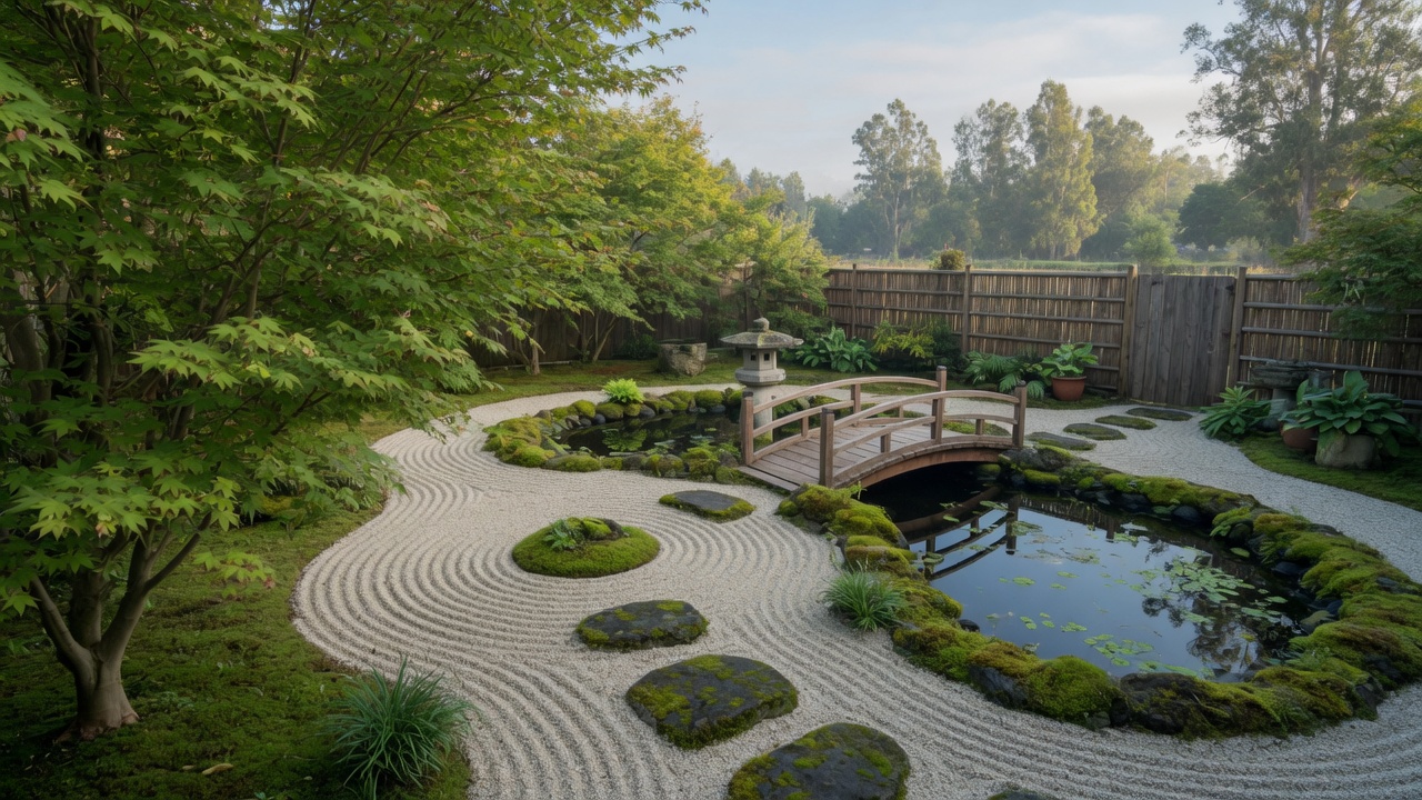 Spring Japanese maple over a raked garden and pond