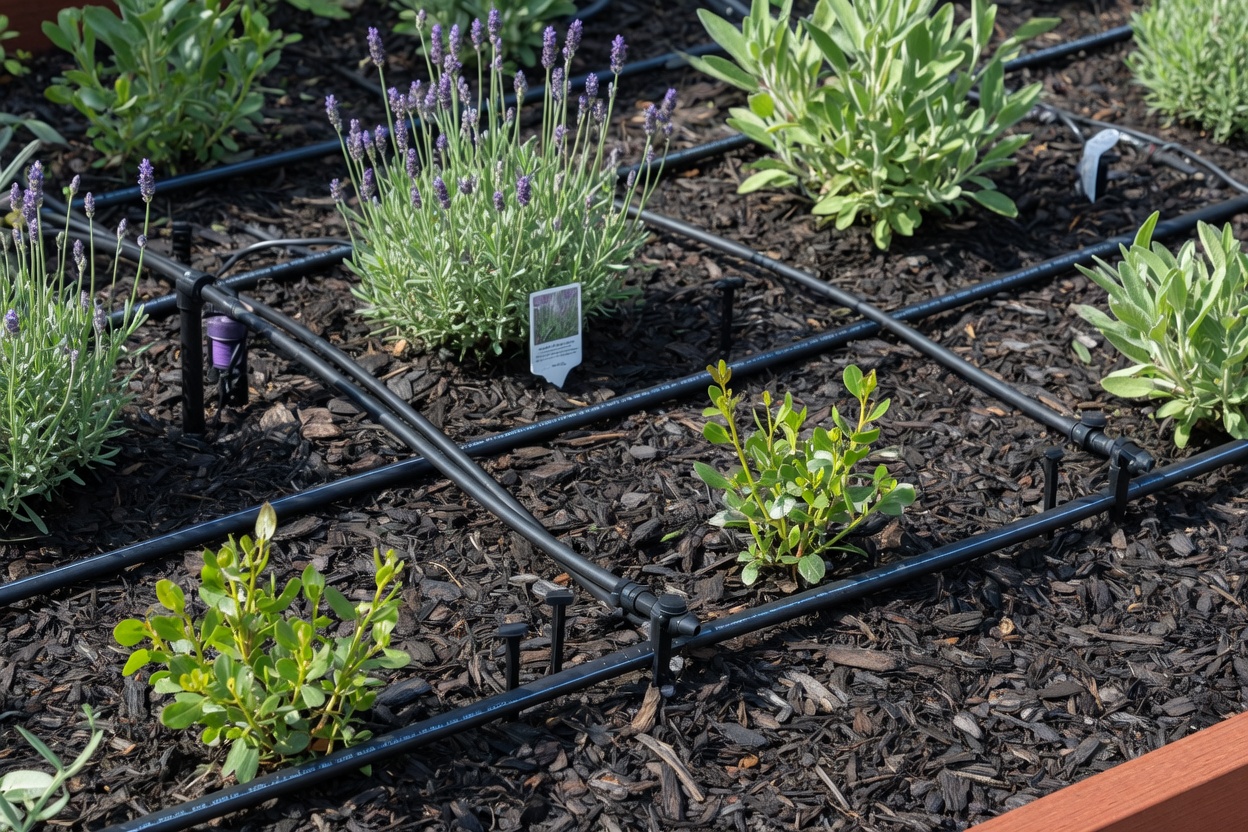 Irrigation in a mulched garden bed