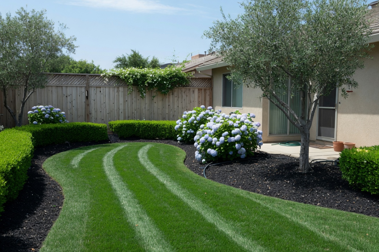 Summer lawn with hydrangeas and olive trees