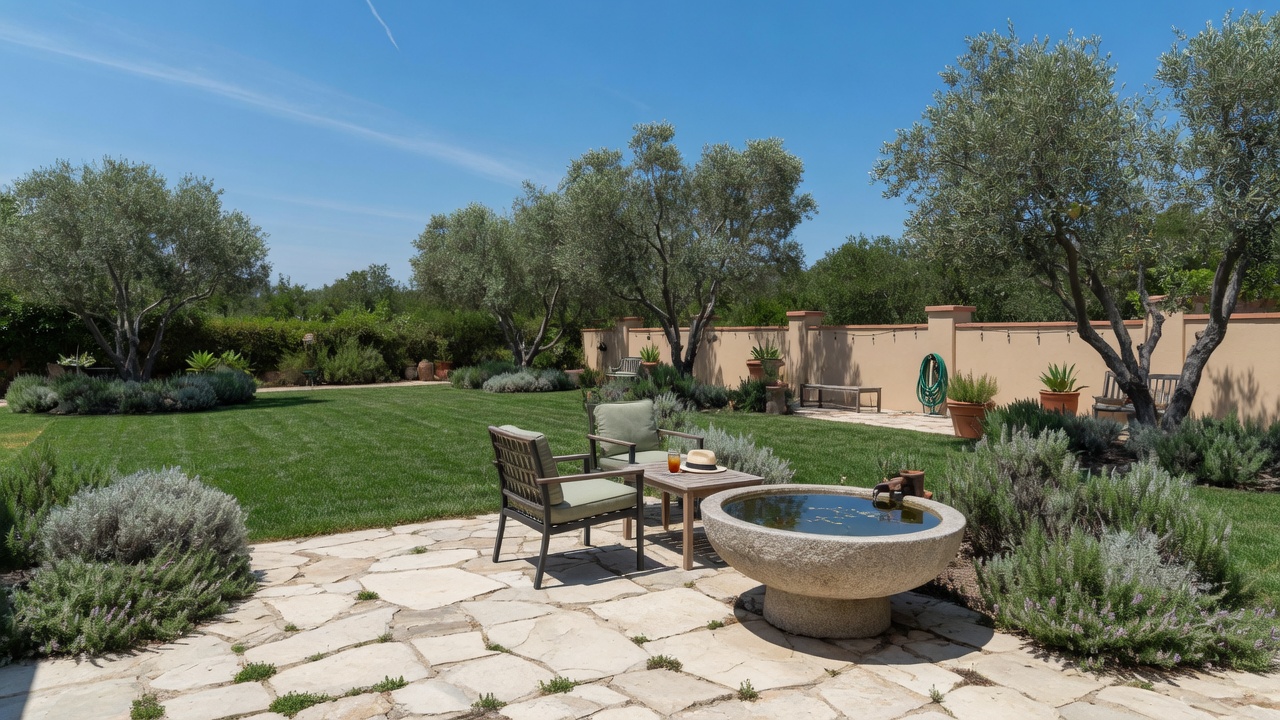 Summer patio, lawn, and olive trees