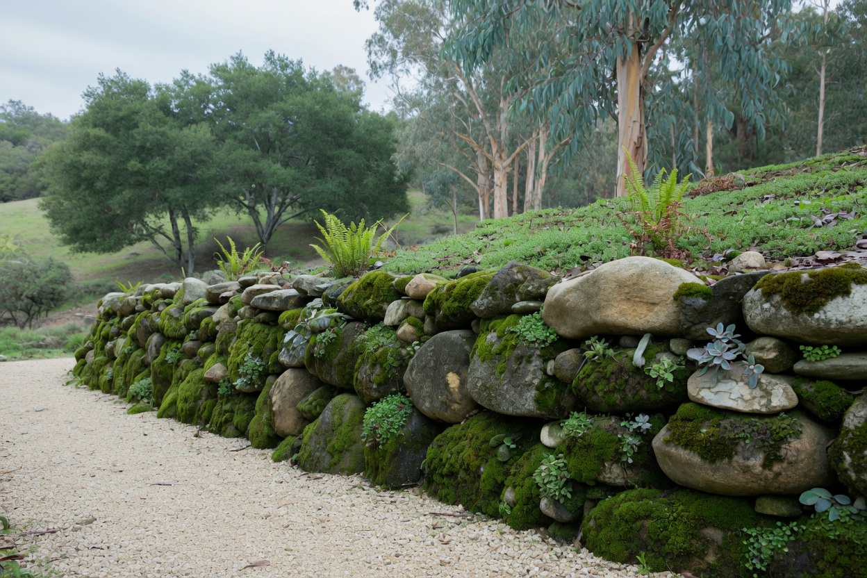 Moss rock retaining wall and gravel path